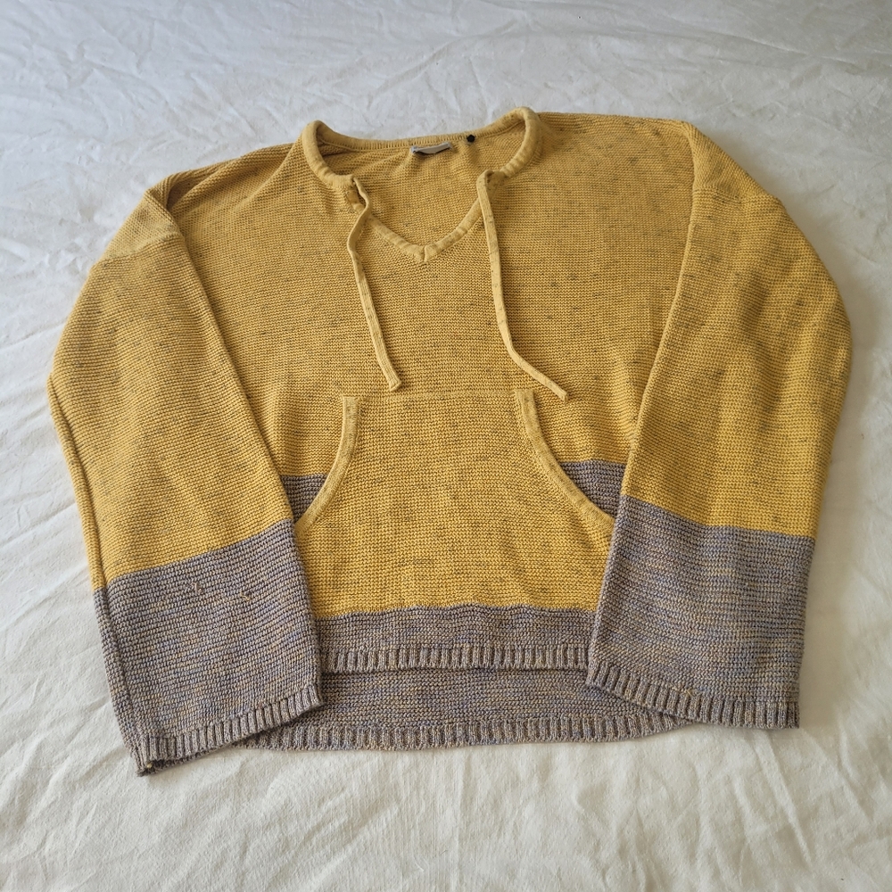 Prana Womens Sweater L Yellow Gray Crystal Beach Baja Style Bell Sleeve Kangaroo